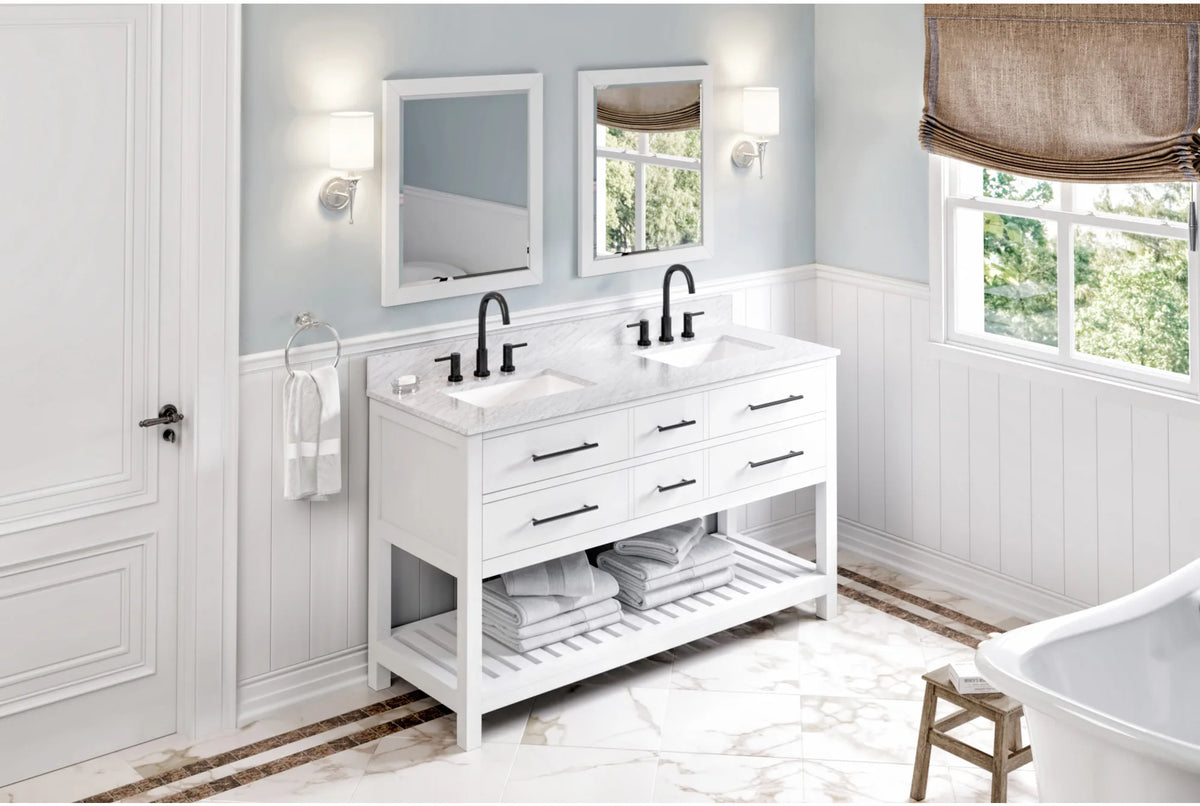 Wavecrest 60'' White Vanity, double bowl, White Carrara Marble Vanity Top, two undermount rectangle bowls VKITWAV60WHWCR