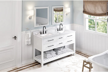 Wavecrest 60'' White Vanity, double bowl, White Carrara Marble Vanity Top, two undermount rectangle bowls VKITWAV60WHWCR