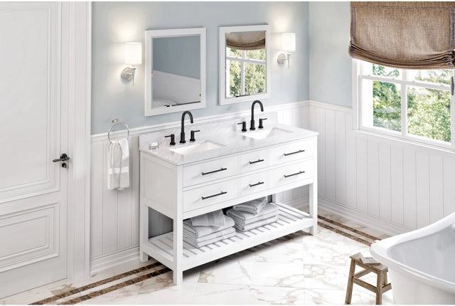 Wavecrest 60'' White Vanity, double bowl, White Carrara Marble Vanity Top, two undermount rectangle bowls VKITWAV60WHWCR