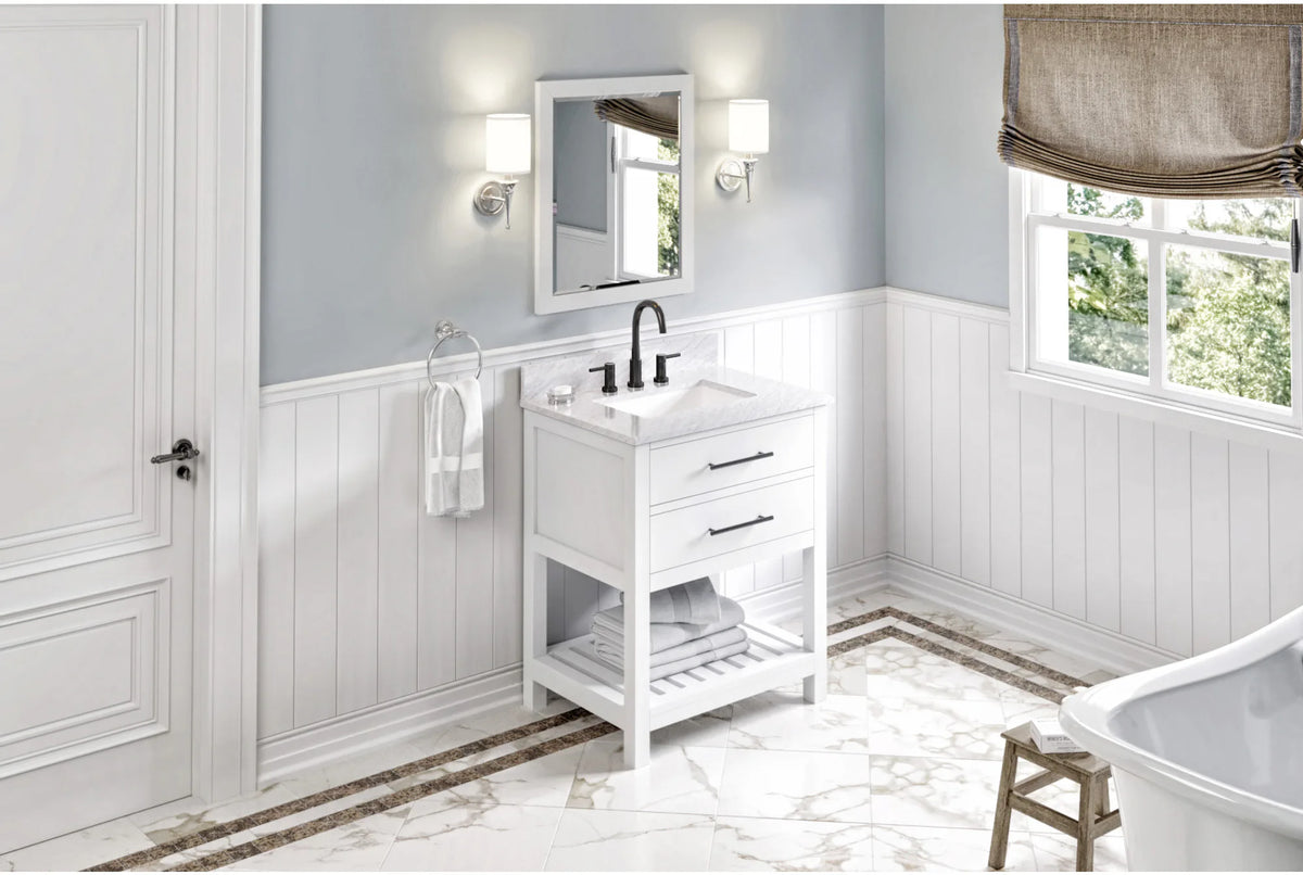 Wavecrest 30'' White Vanity, White Carrara Marble Vanity Top, undermount rectangle bowl VKITWAV30WHWCR
