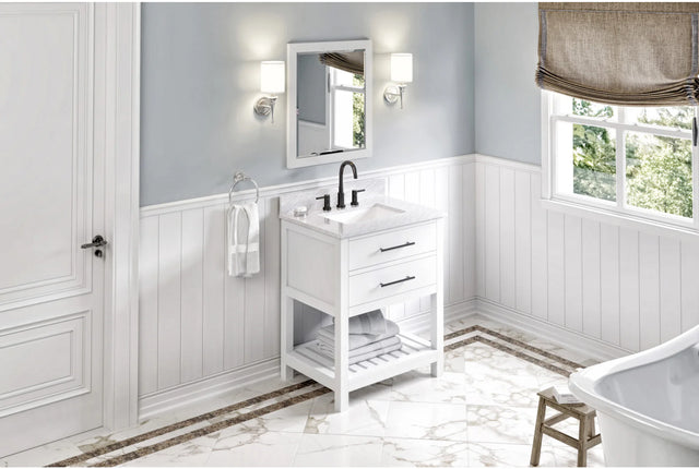 Wavecrest 30'' White Vanity, White Carrara Marble Vanity Top, undermount rectangle bowl VKITWAV30WHWCR
