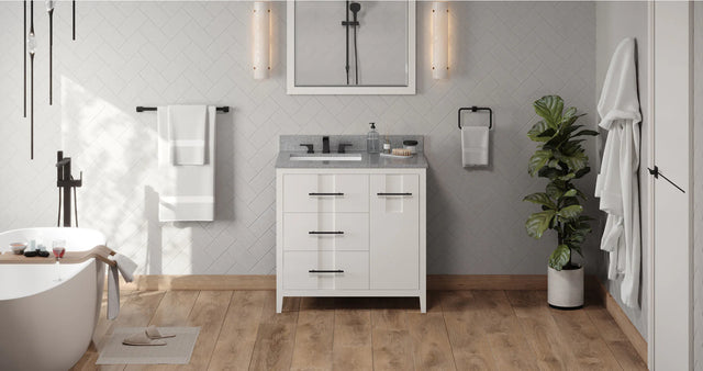 Katara 36'' White Vanity, left offset, Steel Grey Cultured Marble Vanity Top, undermount rectangle bowl VKITKAT36WHSGR