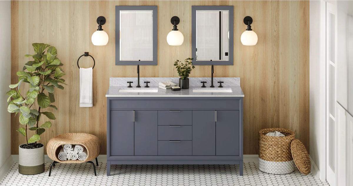 Theodora 60'' Blue Steel Vanity, double bowl, White Carrara Marble Vanity Top, two undermount rectangle bowls VKITTHE60BSWCR