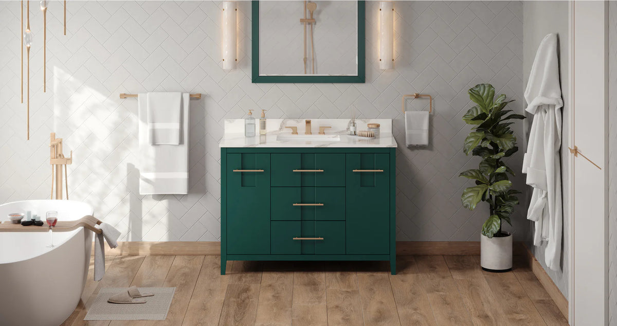 Katara 48'' Forest Green Vanity, Calacatta Vienna Quartz Vanity Top, undermount rectangle bowl VKITKAT48GNCQR