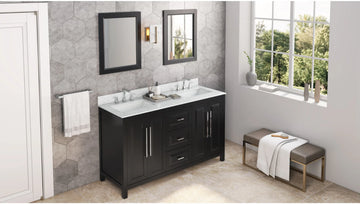 Cade 60'' Black Vanity, double bowl, White Carrara Marble Vanity Top, two undermount rectangle bowls VKITCAD60BKWCR