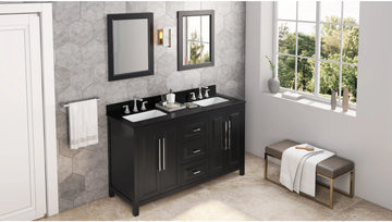 Cade 60'' Black Vanity, double bowl, Black Granite Vanity Top, two undermount rectangle bowls VKITCAD60BKBGR