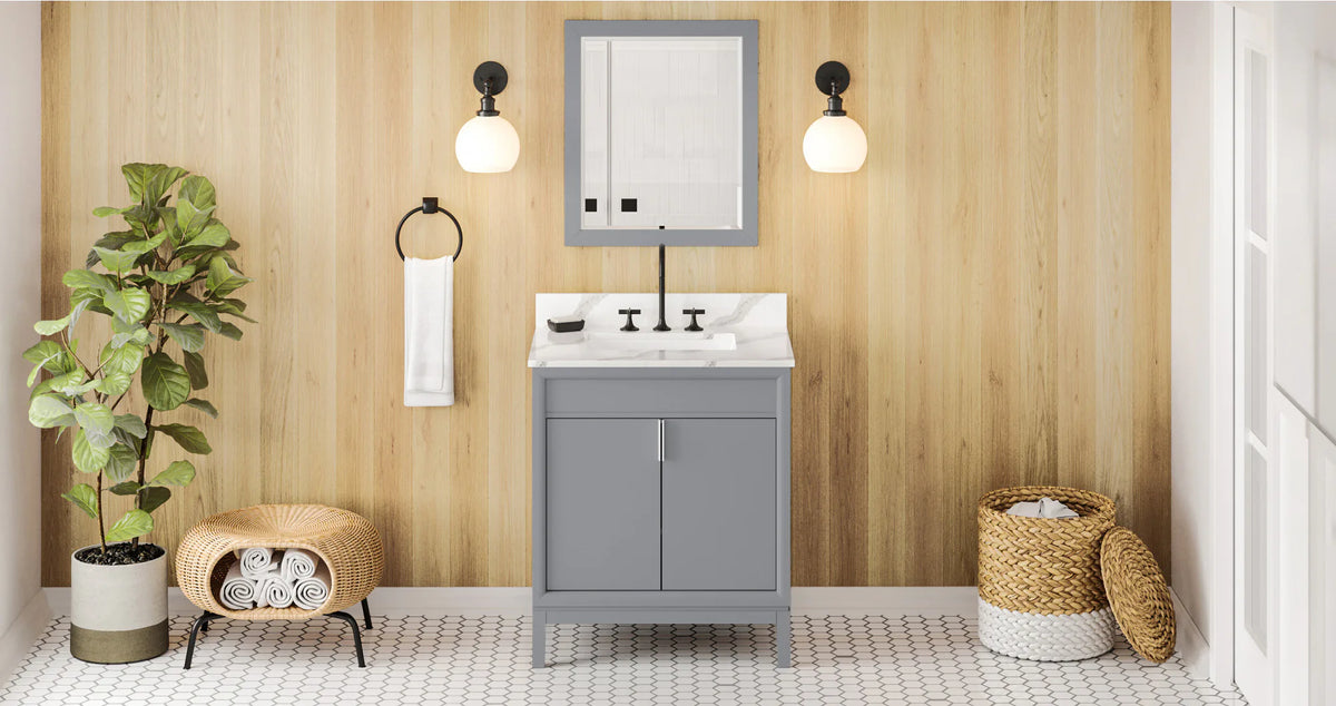 Theodora 30'' Grey Vanity, Calacatta Vienna Quartz Vanity Top, undermount rectangle bowl VKITTHE30GRCQR