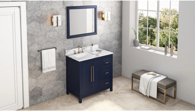 Cade 36'' Hale Blue Vanity, left offset, Calacatta Vienna Quartz Vanity Top, undermount rectangle bowl VKITCAD36BLCQR