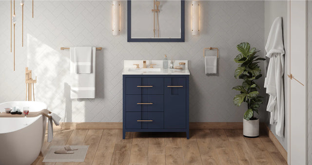 Katara 36'' Hale Blue Vanity, left offset, Calacatta Vienna Quartz Vanity Top, undermount rectangle bowl VKITKAT36BLCQR