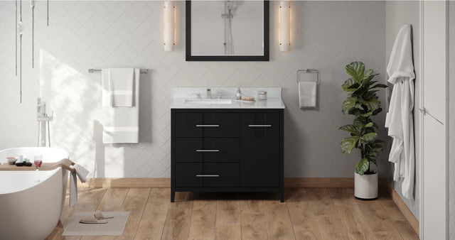 Katara 42'' Black Vanity, left offset, White Carrara Marble Vanity Top, undermount rectangle bowl VKITKAT42BKWCR