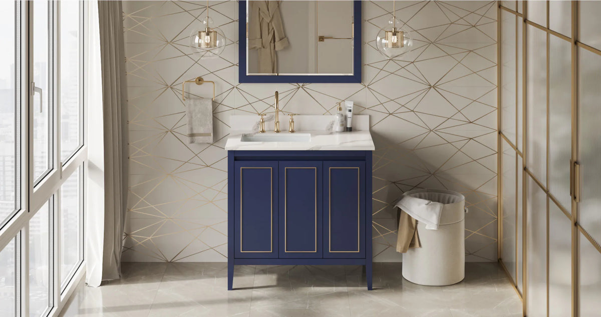 Percival 36'' Hale Blue Vanity, left offset, Calacatta Vienna Quartz Vanity Top, undermount rectangle bowl VKITPER36BLCQR