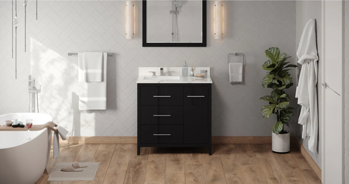 Katara 36'' Black Vanity, left offset, Calacatta Vienna Quartz Vanity Top, undermount rectangle bowl VKITKAT36BKCQR