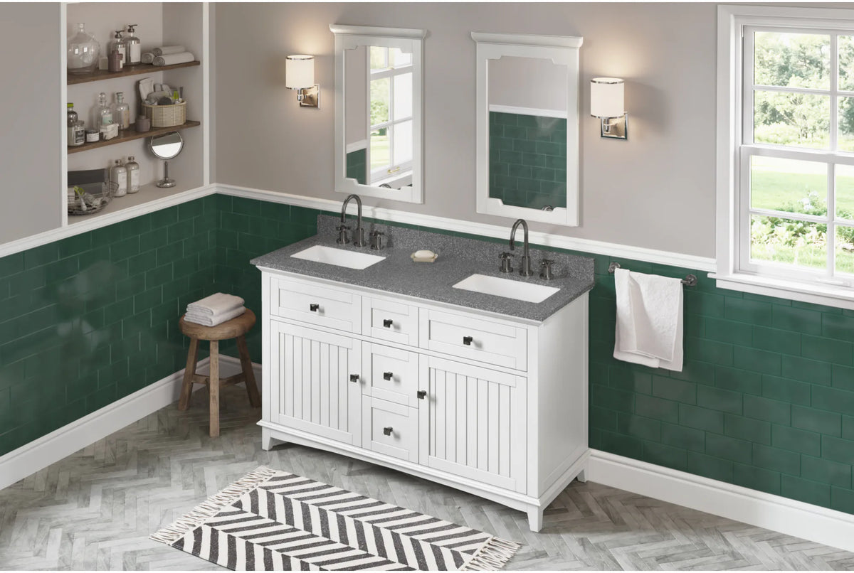 Savino 60'' White Vanity, double bowl, Boulder Cultured Marble Vanity Top, two undermount rectangle bowls VKITSAV60WHBOR