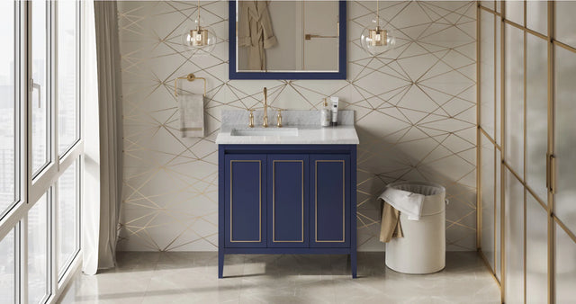 Percival 36'' Hale Blue Vanity, left offset, White Carrara Marble Vanity Top, undermount rectangle bowl VKITPER36BLWCR