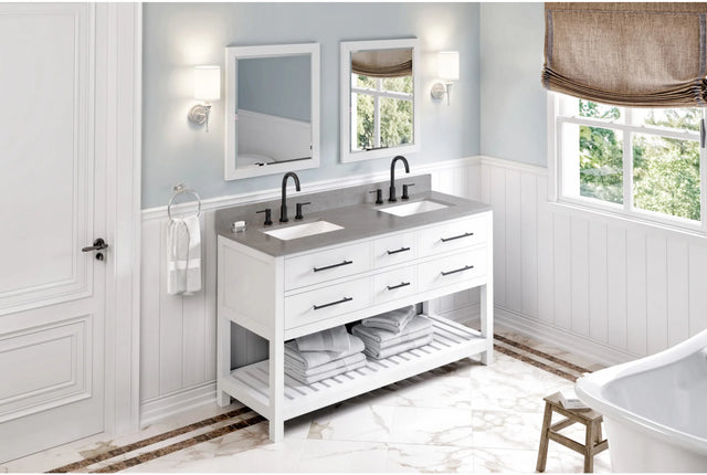 Wavecrest 60'' White Vanity, double bowl, Steel Grey Cultured Marble Vanity Top, two undermount rectangle bowls VKITWAV60WHSGR