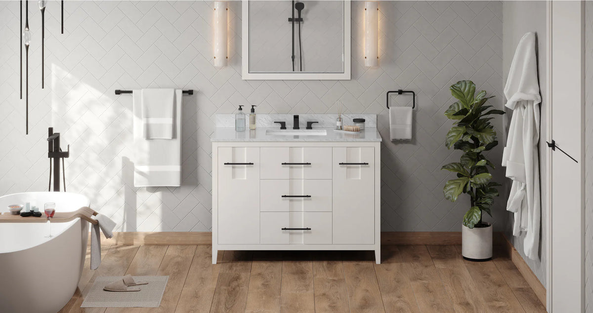 Katara 48'' White Vanity, White Carrara Marble Vanity Top, undermount rectangle bowl VKITKAT48WHWCR