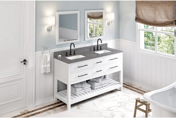 Wavecrest 60'' White Vanity, double bowl, Boulder Cultured Marble Vanity Top, two undermount rectangle bowls VKITWAV60WHBOR
