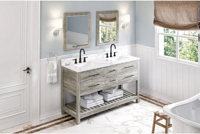 Wavecrest 60'' Weathered Grey Vanity, double bowl, Calacatta Vienna Quartz Vanity Top, two undermount rectangle bowls VKITWAV60WGCQR