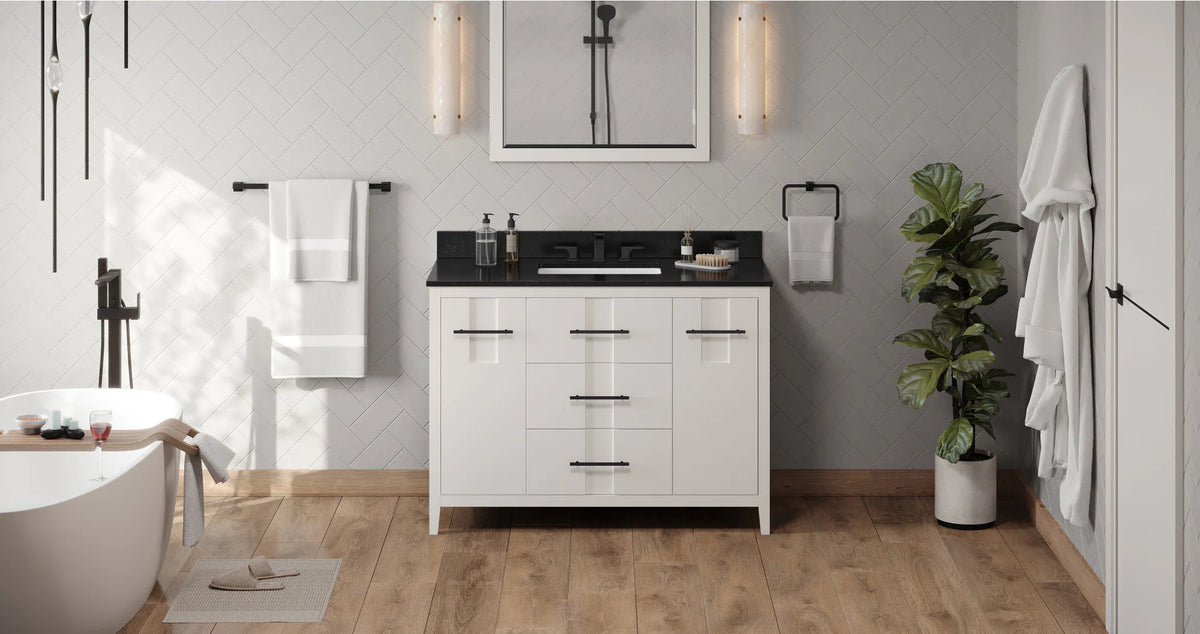 Katara 48'' White Vanity, Black Granite Vanity Top, undermount rectangle bowl VKITKAT48WHBGR