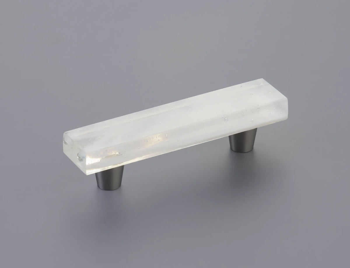 Fused Glass, Rectangular Pull 4-1/2'' x 1'' Overall, 3'' cc, Translucent White, Conical Stem, Brushed Stainless Steel 211060-TW-BSS