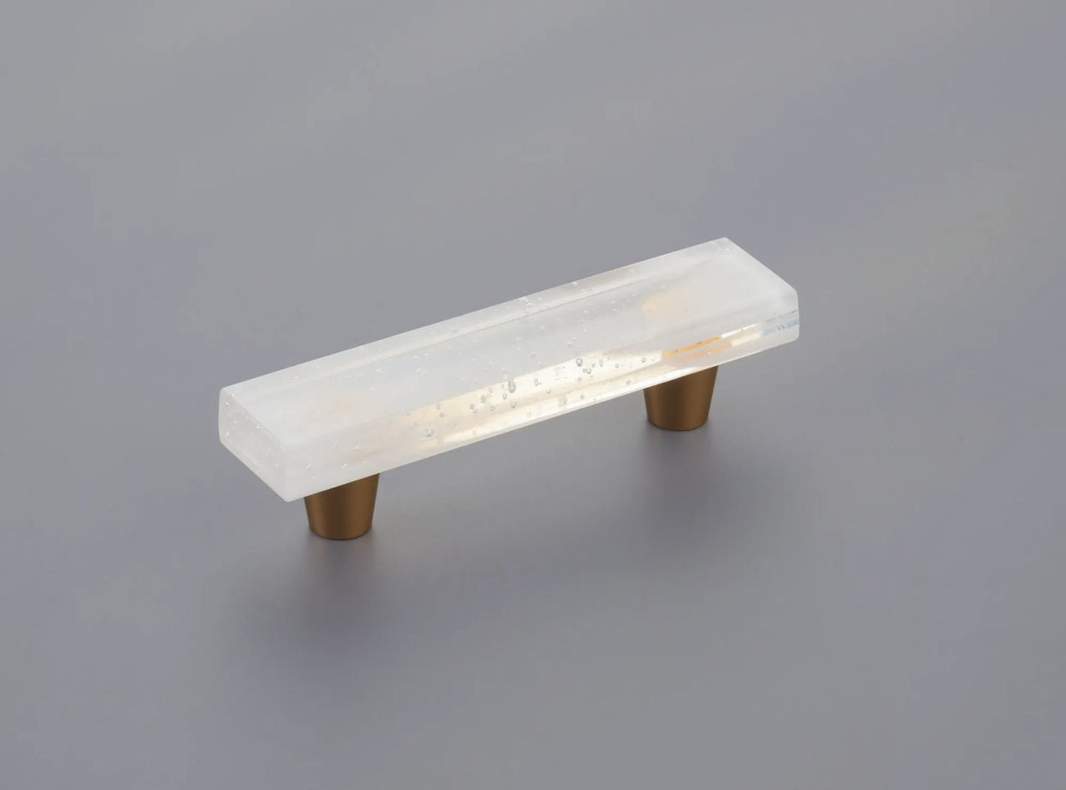 Fused Glass, Rectangular Pull 4-1/2'' x 1'' Overall, 3'' cc, Translucent White, Conical Stem, Gold 211060-TW-GLD