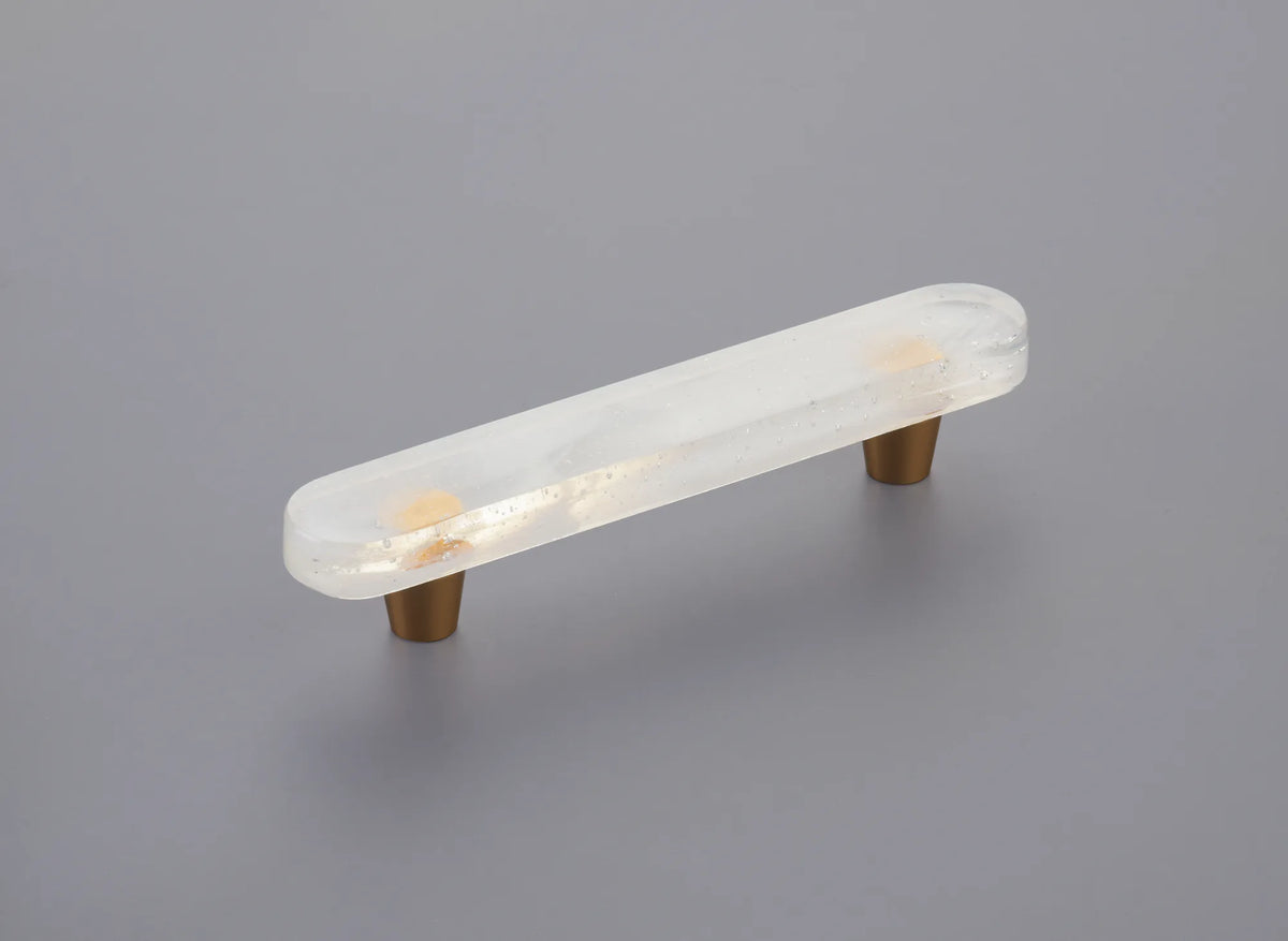Fused Glass, Oval Pull 6'' x 1'' Overall, 4'' cc, Translucent White, Conical Stem, Gold 211063-TW-GLD