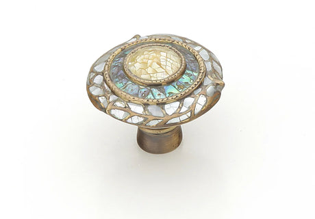 Fair Isle Knob, Round, Imperial Shell, White/Yellow Pearl, Aged Dover, 1-1/2'' dia 651-AD