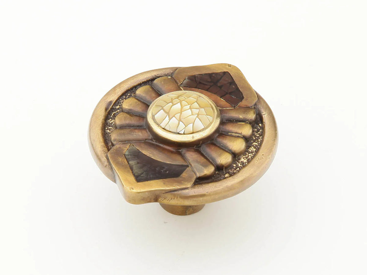 Heirloom Treasures Knob, Round, Mother of Pearl/Violet Oyster, Antique Brass, 1-11/16'' dia 958K-AB