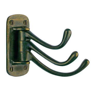 BESLAGSBODEN Coat Hook, Triple in Antique Bass Finish, Swing, Height 82 mm BA248