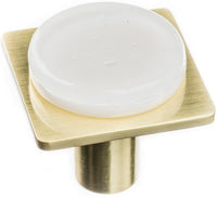 Geometric Geomtric Round White on Square Satin Brass Knob M-1300-SB