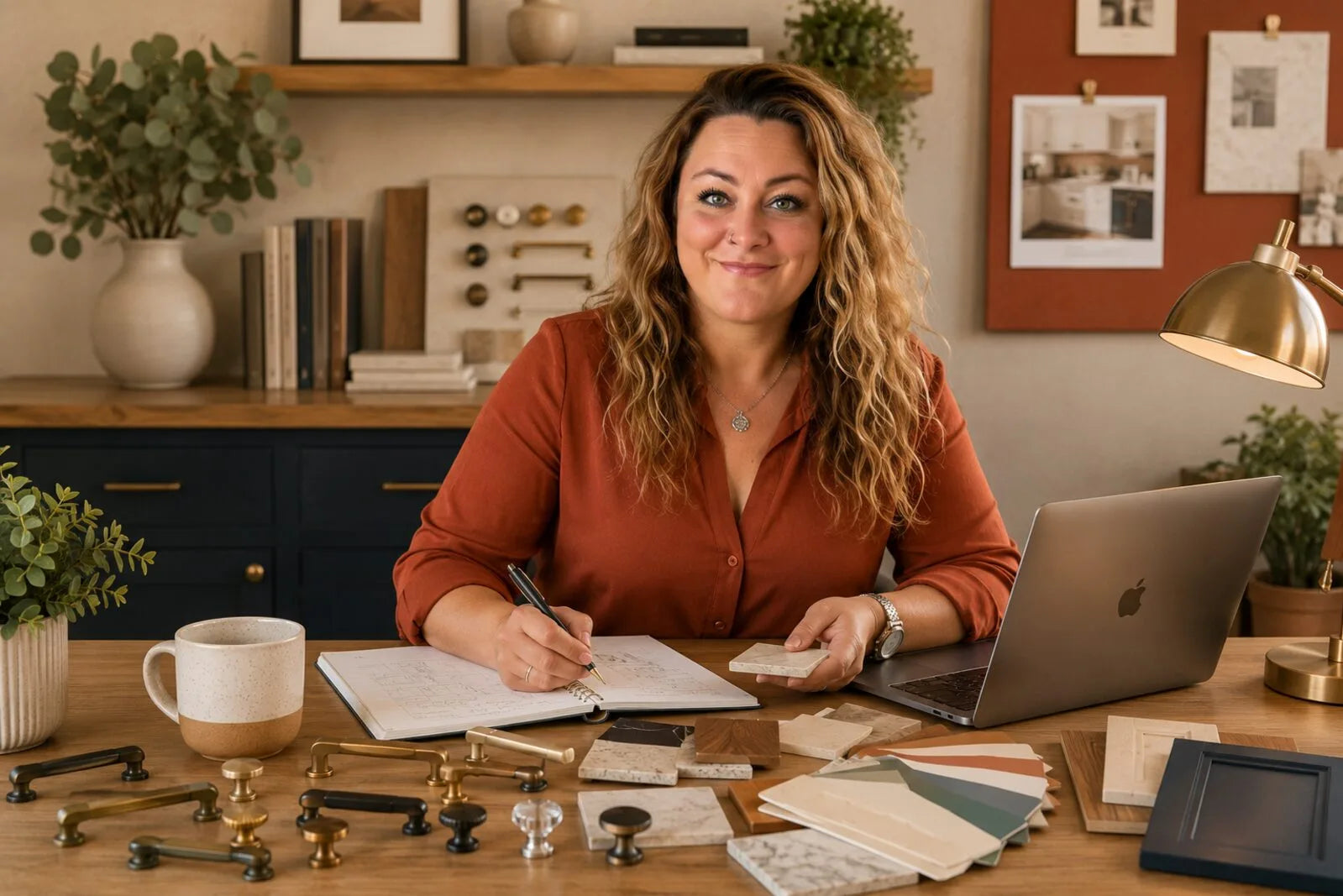 Kayla, our trade hardware expert, at her desk reviewing cabinet pulls and finish samples for a client project